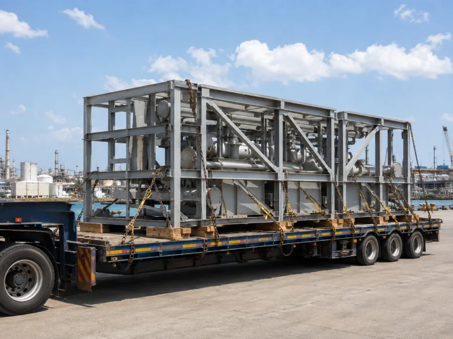 Fabricated steel module chained on a trailer for a Gladstone project site