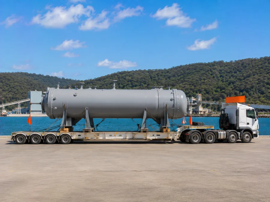 Over-dimensional steel vessel on a multi-axle low-loader at a Gladstone hardstand