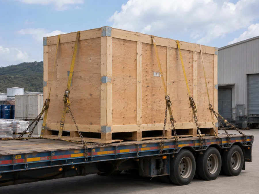 Timber-crated machine strapped on a trailer at a Gladstone industrial site