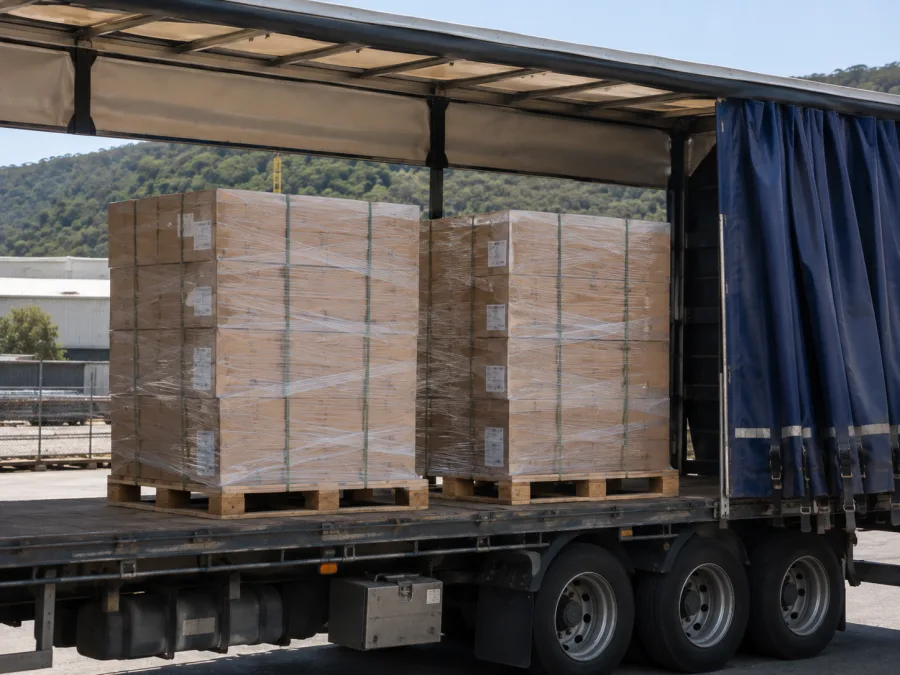 Wrapped pallets on a trailer with the Gladstone industrial area behind