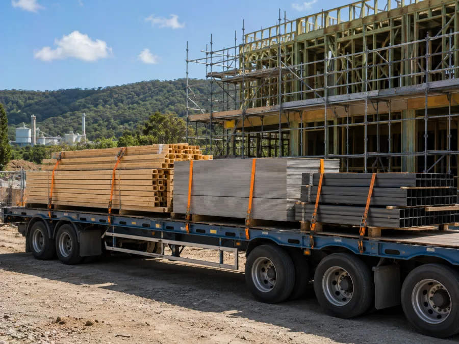 Timber and sheeting strapped on a trailer at a Gladstone construction site