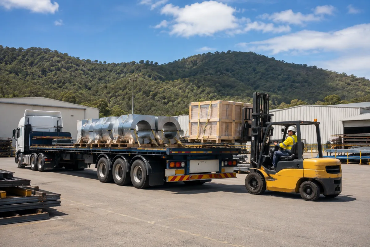 Forklift loading steel and crated components at an industrial yard