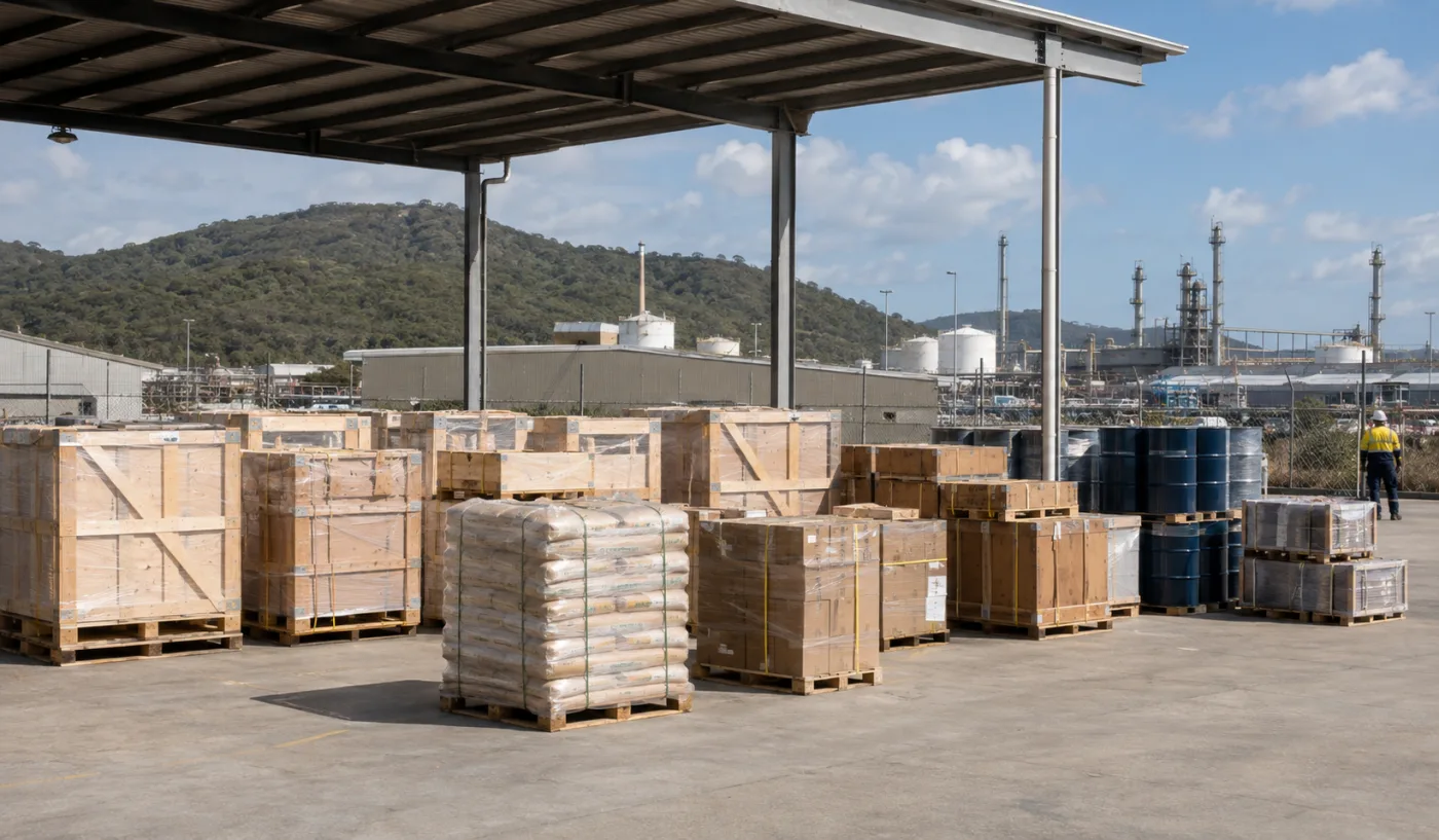 Crated spares and consumables staged for an industrial shutdown at Gladstone