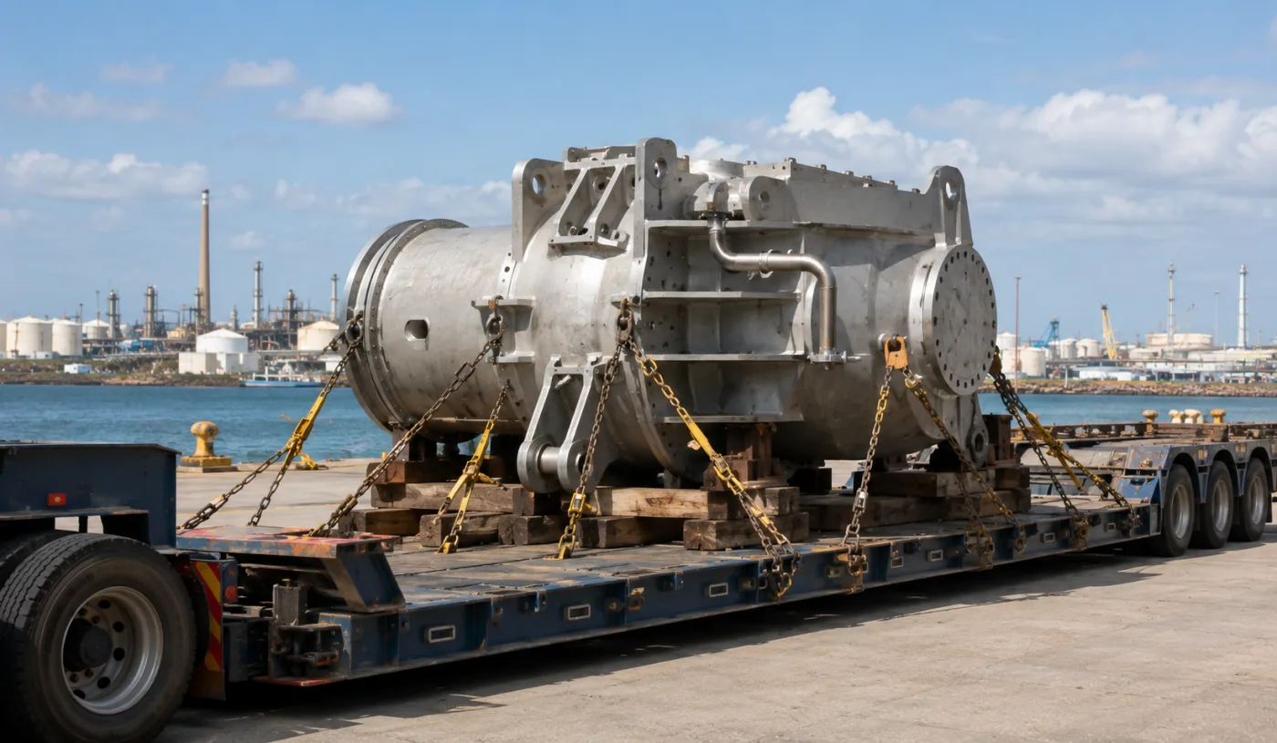 Heavy industrial component chained to a low-loader with binders and dunnage