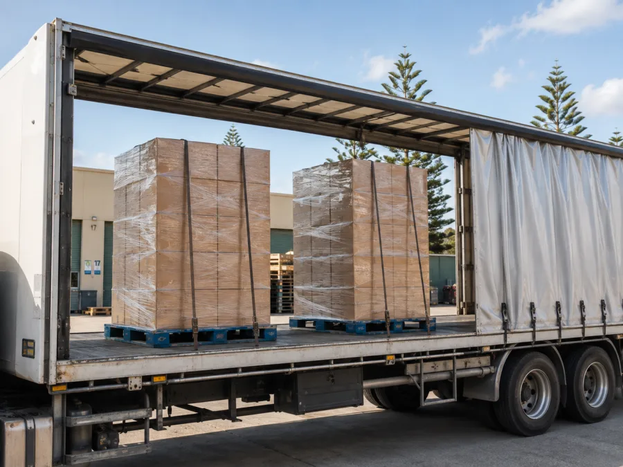 Wrapped pallets on a trailer deck at a Gold Coast industrial estate