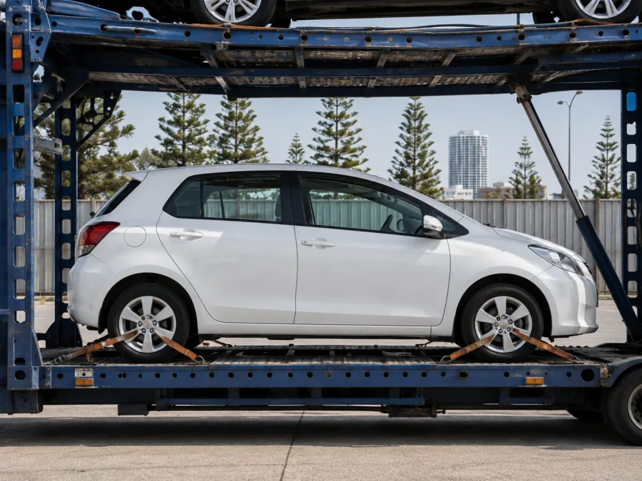 Car strapped on a carrier deck at a Gold Coast vehicle yard