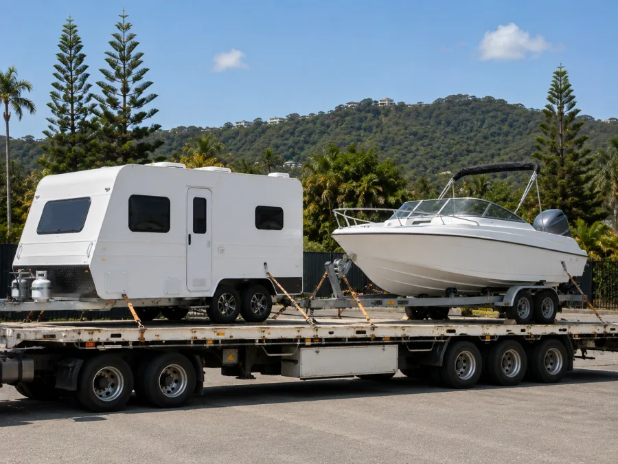 Runabout on a trailer loaded for the Gold Coast and hinterland run