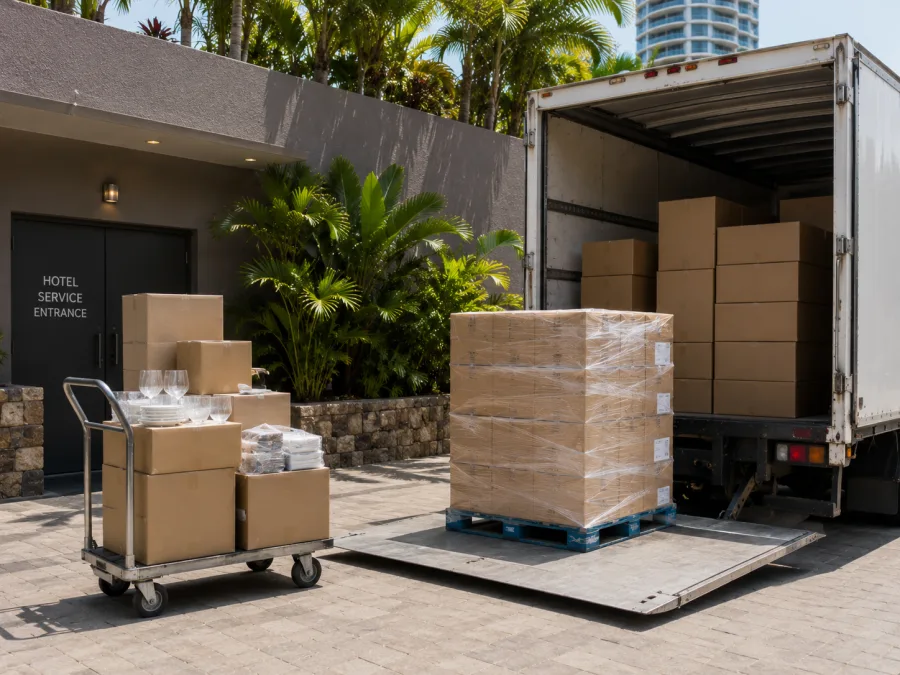 Hospitality stock unloaded at a hotel service entrance on the Gold Coast