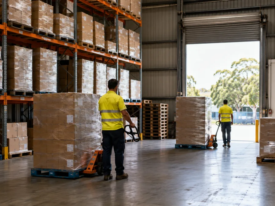 Workers moving wrapped pallets at a Gold Coast retail distribution point