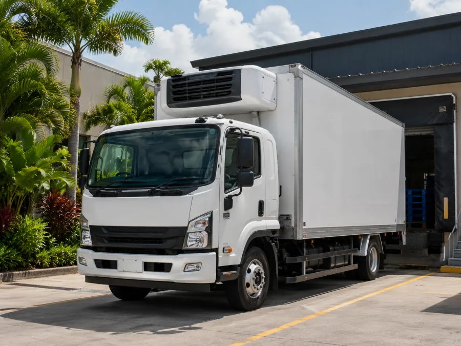 Refrigerated rigid truck at a Gold Coast food service dock