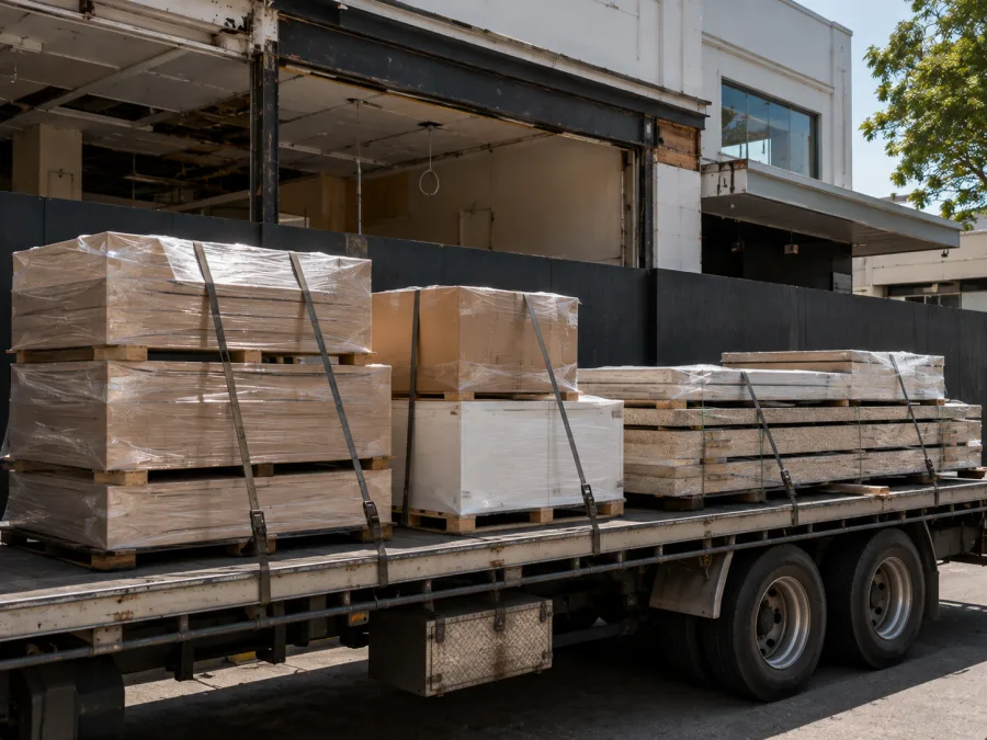 Wrapped joinery and cabinetry strapped on a trailer at a fit-out site