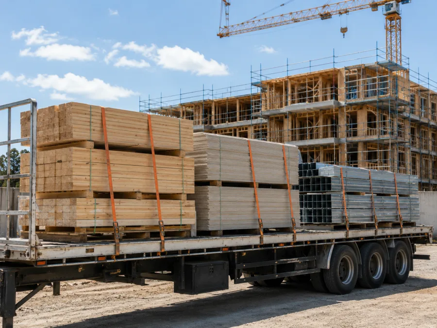 Timber and cladding on a trailer at a Gold Coast high-rise construction site