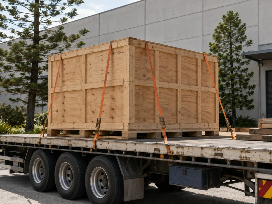 Timber-crated machine strapped on a trailer at a Gold Coast industrial estate