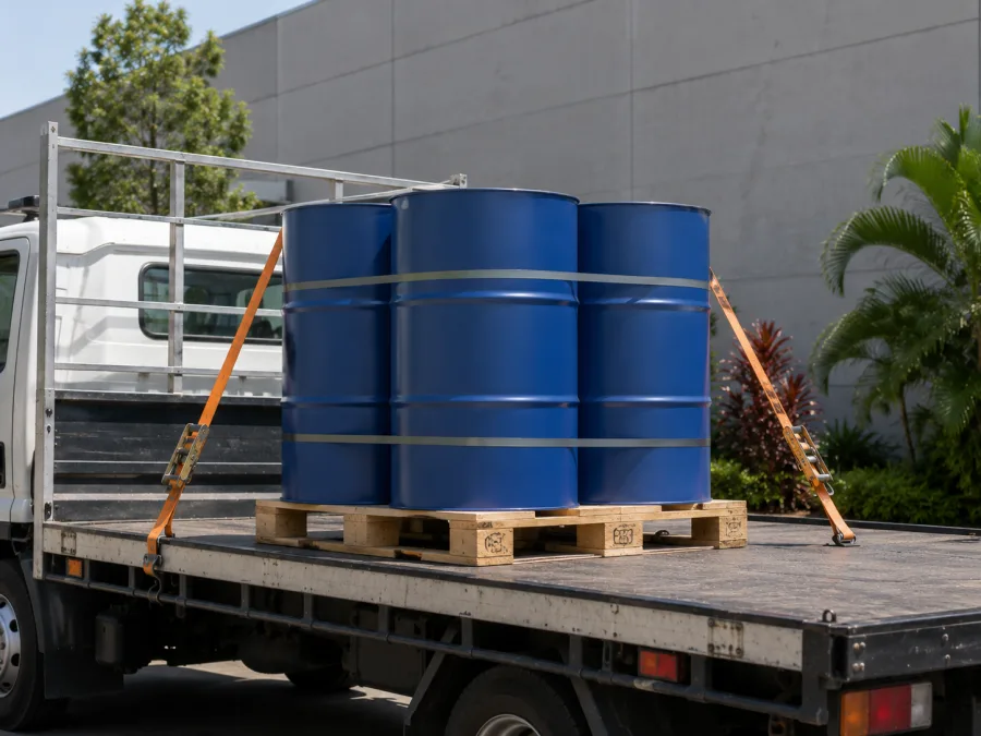 Sealed drums banded on a pallet and strapped to a rigid truck deck