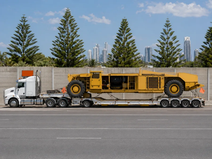 Oversize machine on a low-loader beside the motorway near the Gold Coast