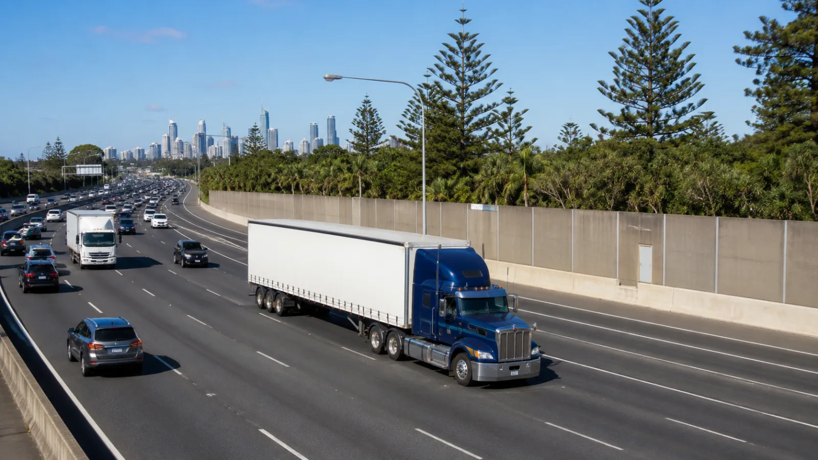 Semi-trailer in southbound motorway traffic with the Gold Coast skyline ahead