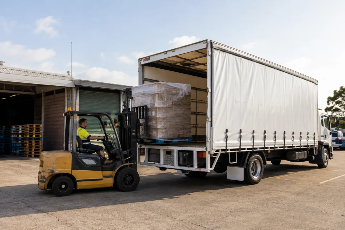 Forklift loading a rigid truck at a Brisbane depot for the Gold Coast run