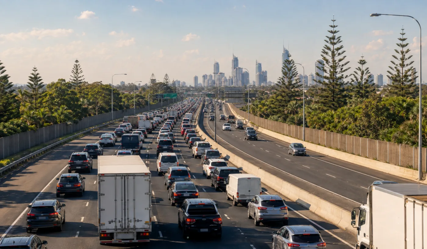 Congested multi-lane motorway traffic in the afternoon peak with trucks and cars