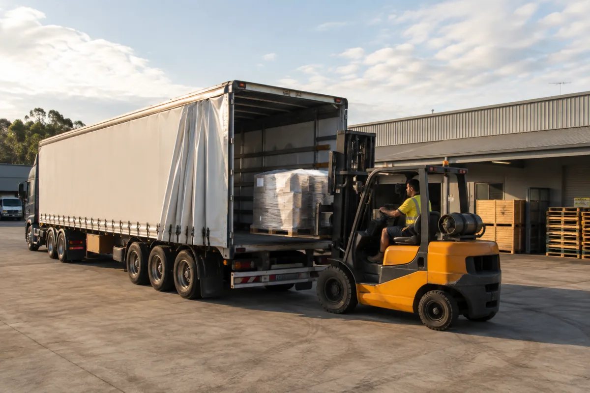 Forklift loading a trailer at a Brisbane depot for the Fraser Coast run