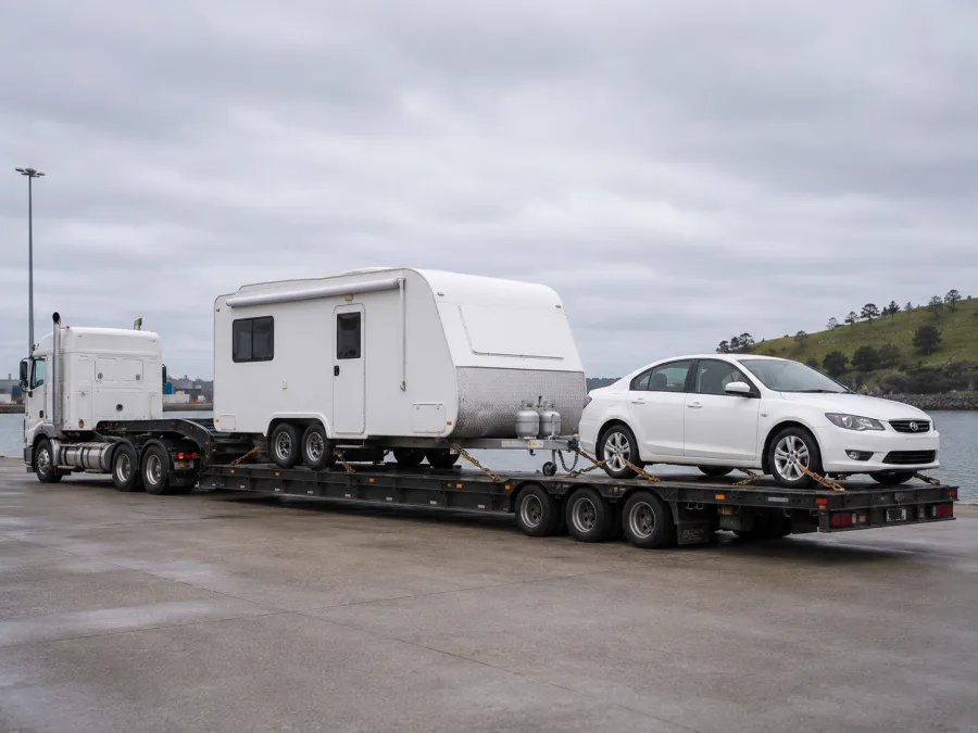 Car and caravan loaded on a drop-deck at a ferry terminal