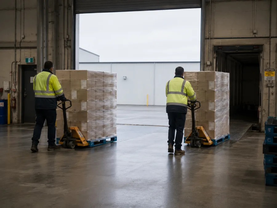 Workers moving grocery pallets at a Hobart distribution dock