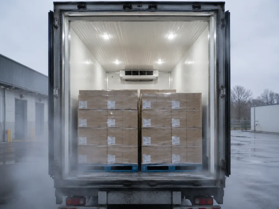 Open refrigerated trailer loaded with chilled cartons for the crossing