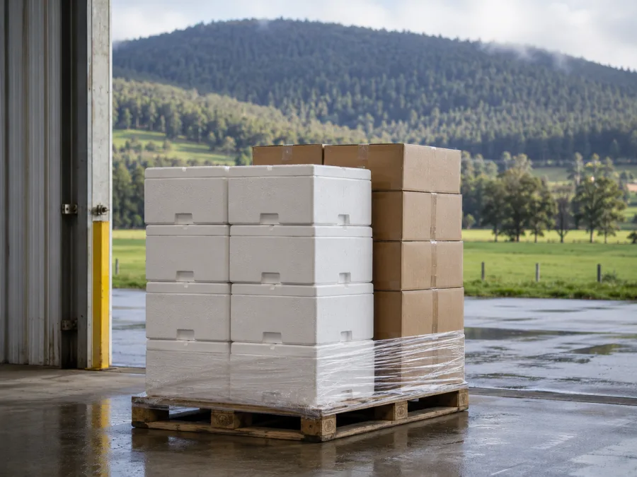 Insulated produce boxes palletised at a Tasmanian packing shed