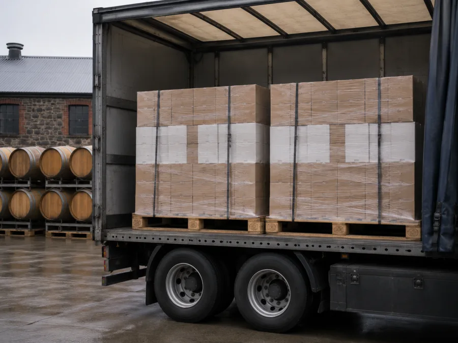 Palletised cased beverage and oak barrels at a Tasmanian producer