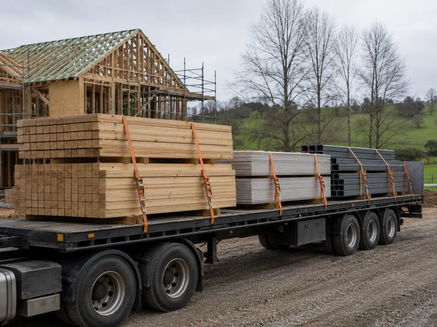 Timber and cladding on a trailer at a southern Tasmanian building site