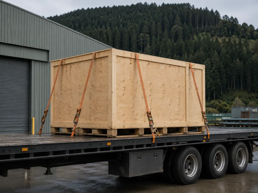 Timber-crated machine strapped on a trailer at a Hobart industrial site