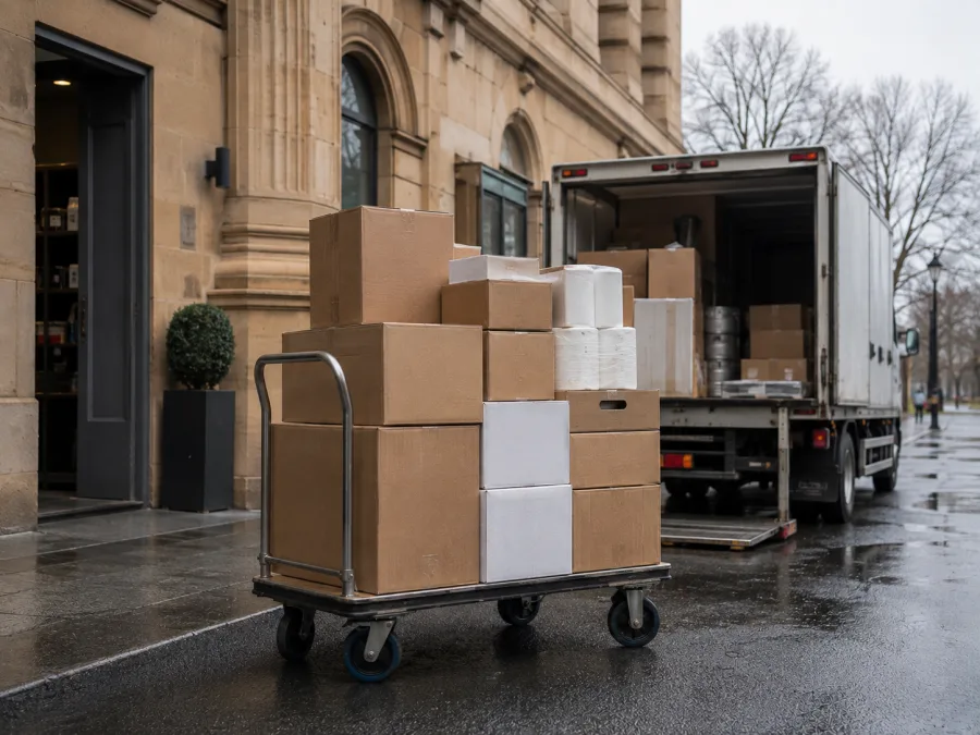 Hospitality supplies unloaded at a sandstone building in Hobart