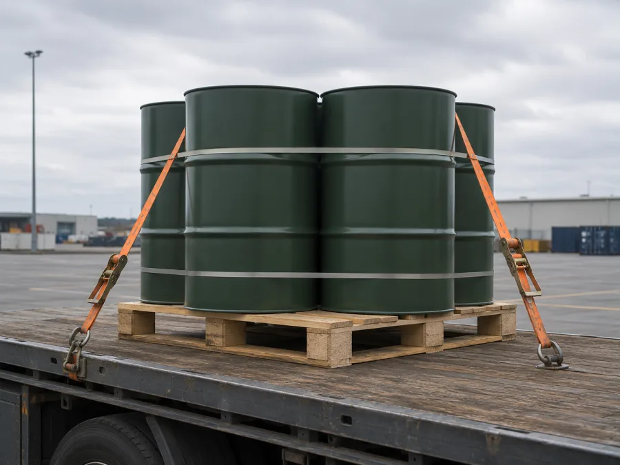 Sealed drums banded on a pallet and strapped to a trailer deck