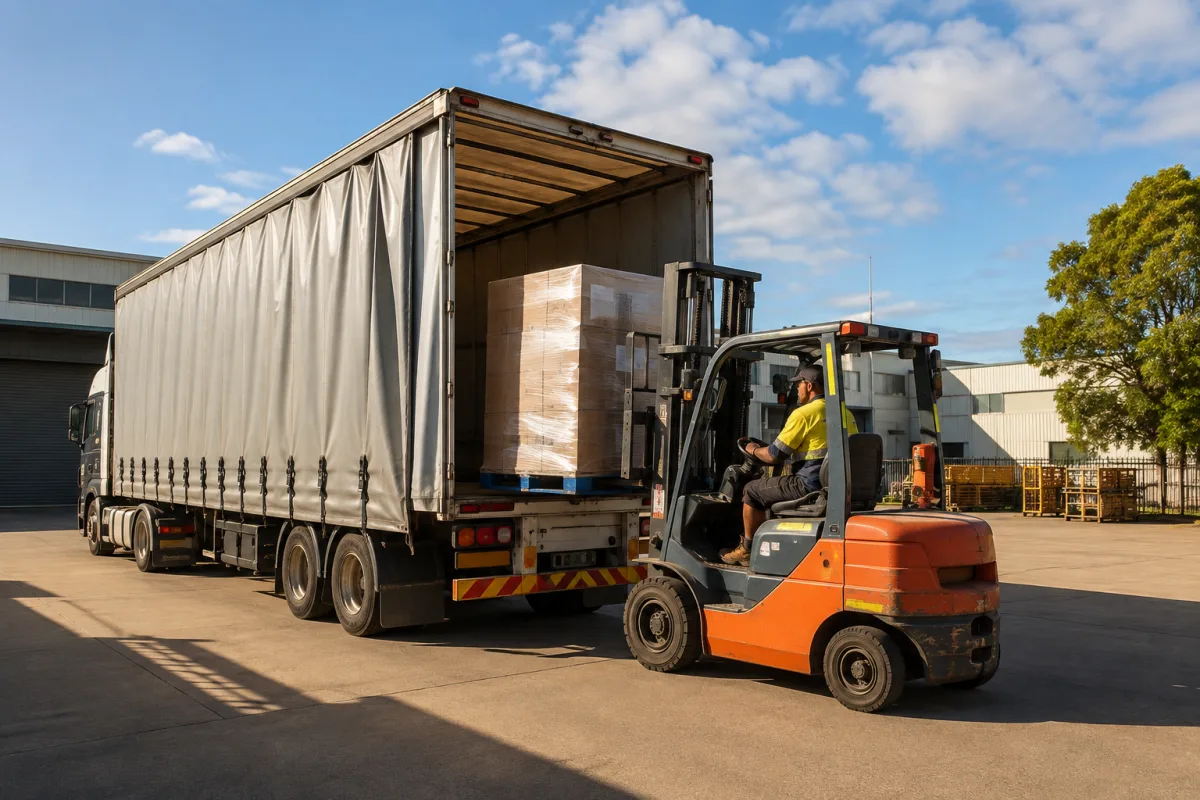 Forklift loading a trailer at a Brisbane depot at the start of the Hobart run