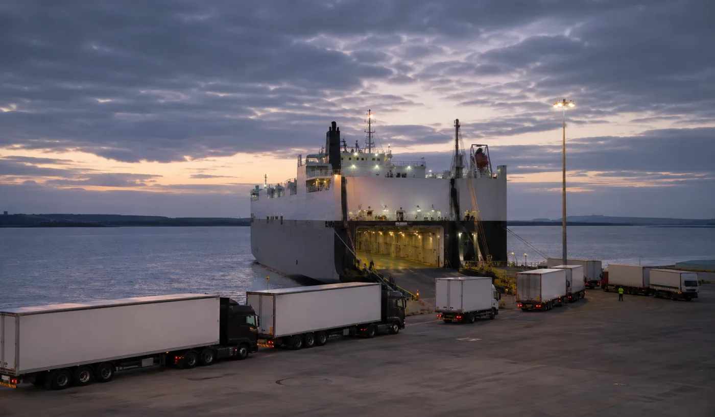 Trucks queued at a mainland ferry terminal beside an unmarked vehicle ferry