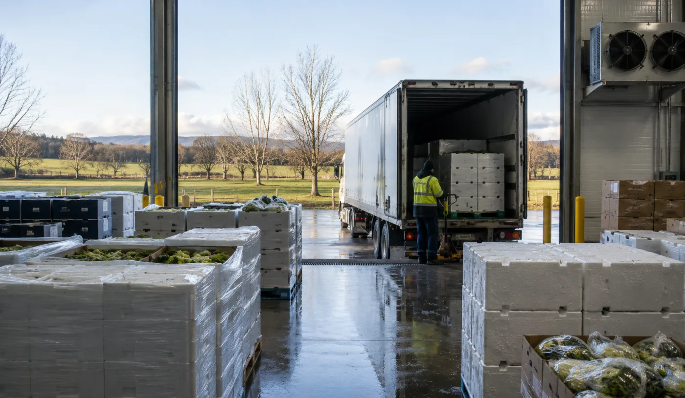 Insulated produce cartons staged on a refrigerated dock in Tasmania