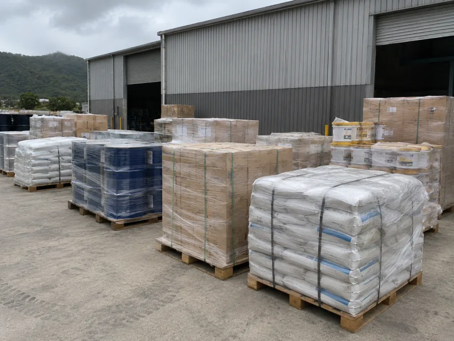 Palletised mining consumables staged on a hardstand at Mackay