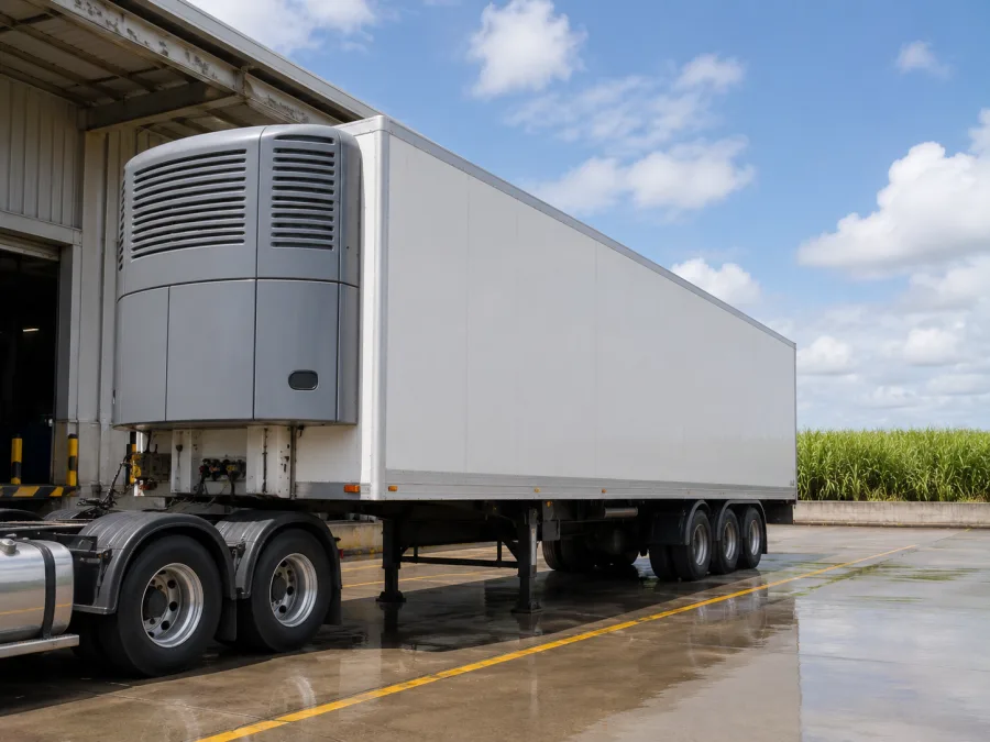 Refrigerated trailer at a Mackay dock in tropical heat