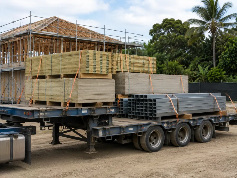 Timber and cladding on a trailer at a Mackay building site