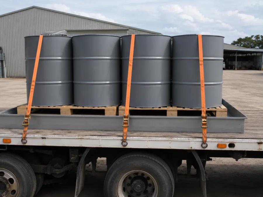 Sealed drums banded on pallets and strapped to a trailer deck at Mackay