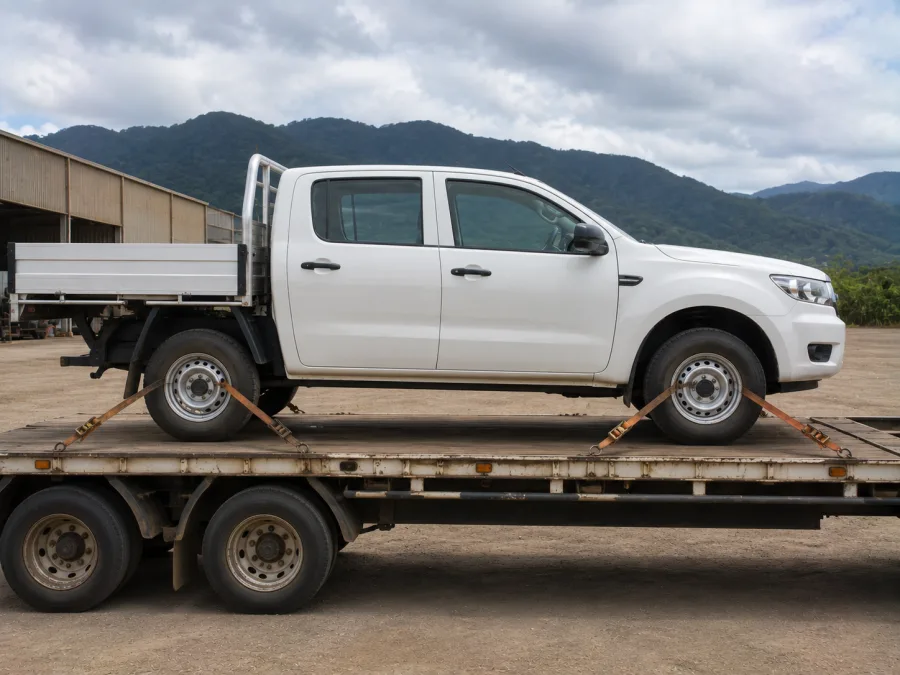 Four wheel drive utility strapped on a carrier deck at a Mackay yard