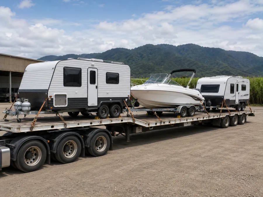 Runabout on a trailer loaded for the run to the Mackay coast