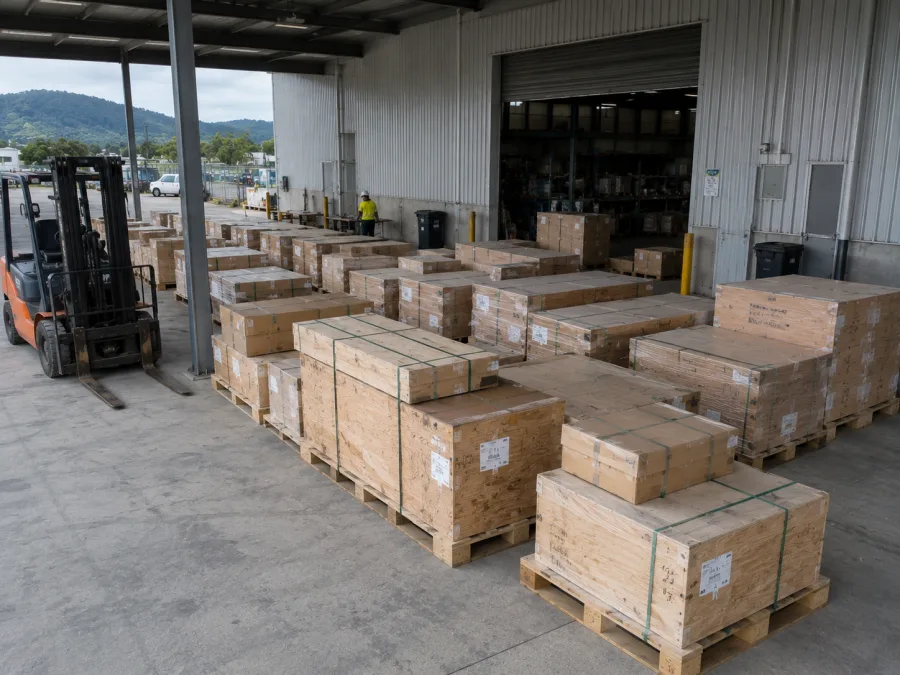 Crated spares staged in sequence for a Bowen Basin shutdown