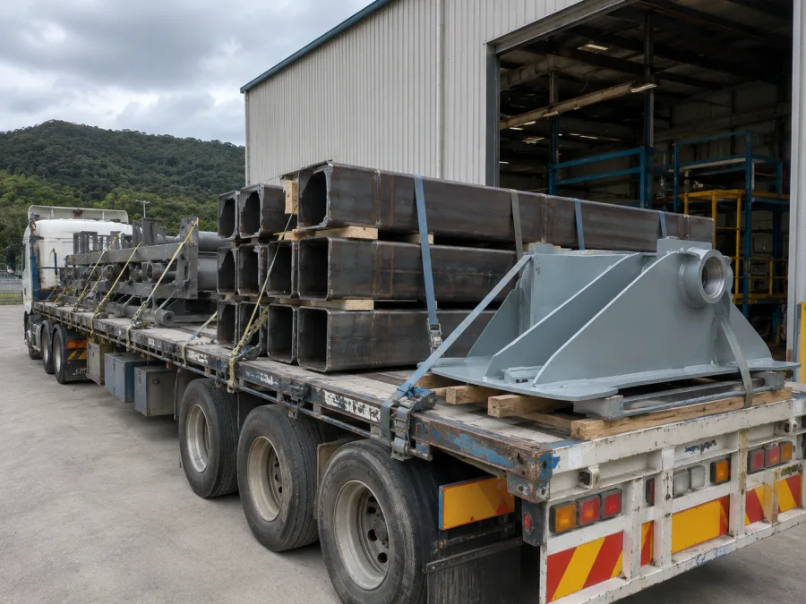 Fabricated steel assemblies strapped on a trailer at a Mackay workshop
