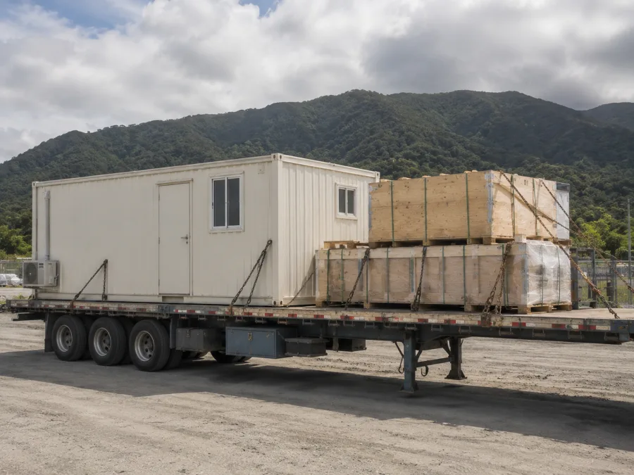 Portable camp unit and crated equipment chained on a trailer for an inland site