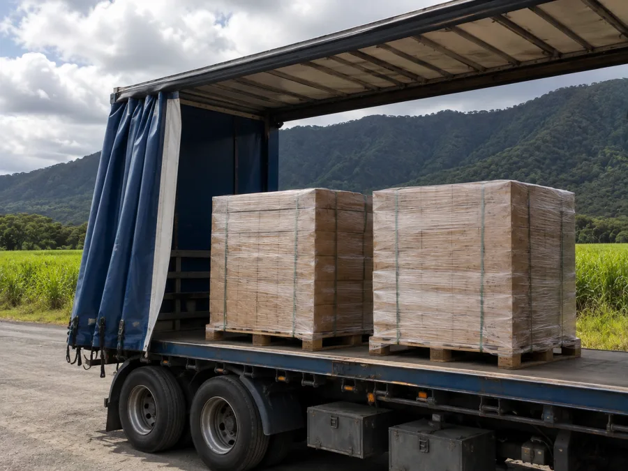Wrapped pallets on a trailer with Mackay cane country behind