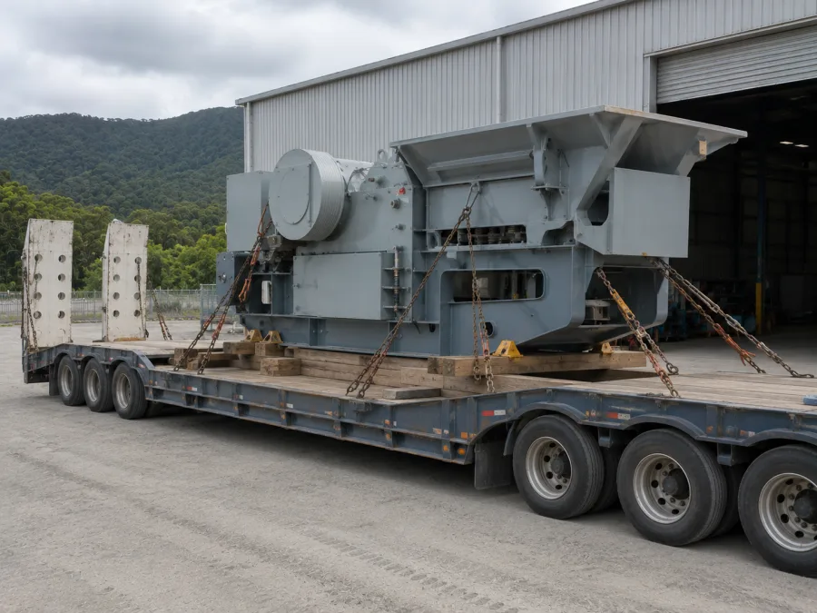 Industrial machine chained on a low-loader at a Mackay industrial site