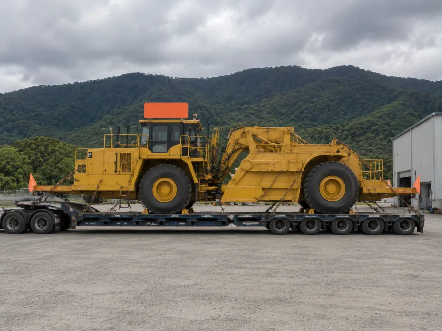 Oversize mining machine on a multi-axle low-loader near Mackay