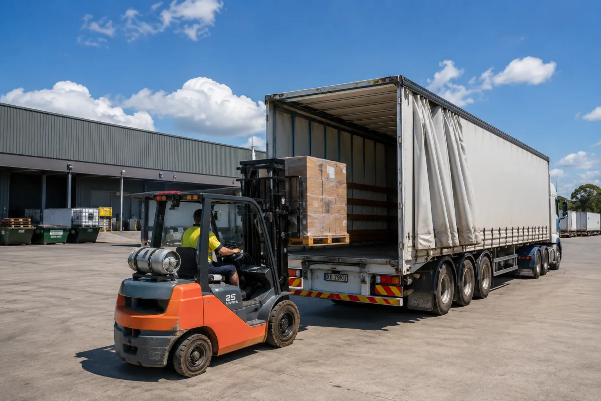 Forklift loading a trailer at a Brisbane depot for the Mackay run