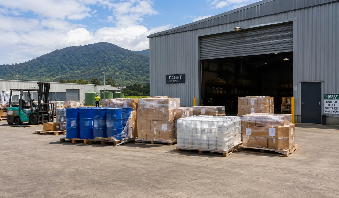 Consumables and spares staged outside an engineering workshop at Paget, Mackay