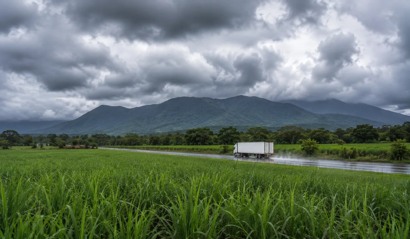 Wet-season cloud over Mackay cane country with a truck on the highway